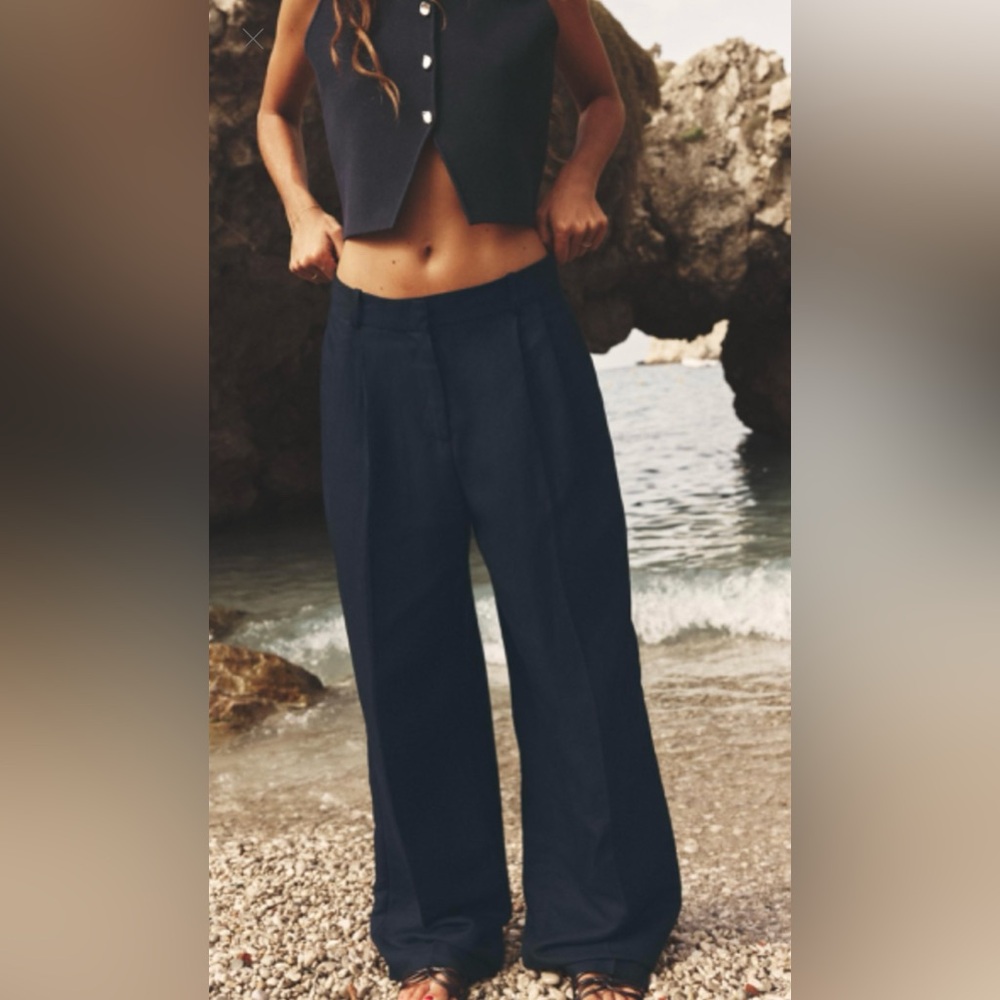 LINEN BLEND WIDE LEG PANTS. BLACK